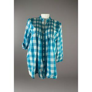 Women's Main Street Blues Shirt  Size L Blue & White Plaid Button Up 3/4 Sleeve